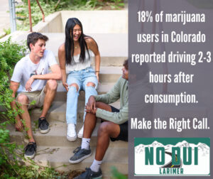 College-students-sit-on-the-steps-at-Colorado-State-University-laughing.-Overlaid-text-reads-18-of-marijuana-users-in-Colorado-reported-driving-2-3-hours-after-consumption.-Make-the-Right-Call.