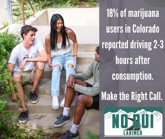 College-students-sit-on-the-steps-at-Colorado-State-University-laughing.-Overlaid-text-reads-18-of-marijuana-users-in-Colorado-reported-driving-2-3-hours-after-consumption.-Make-the-Right-Call.