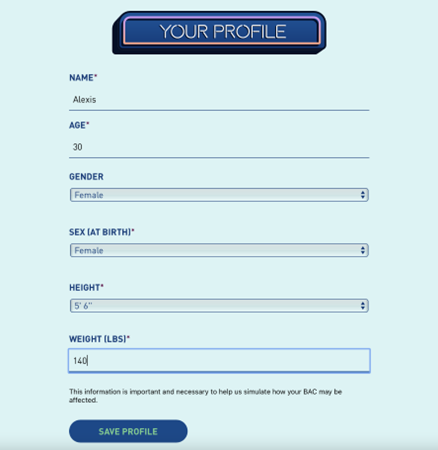 A screen shot from the Virtual Bar app at Responsibility.org shows text fields for entering your age, gender, sex (at birth), height, and weight, all of which affect how quickly your BAC rises