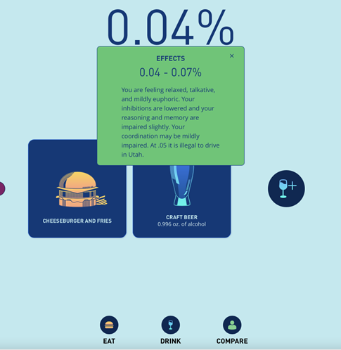 A screen shot from the Virtual Bar app shows that a 30-year-old woman of average weight would have a BAC of approximately 0.04% after eating a cheeseburger and fries and consuming one craft beer within 30 minutes