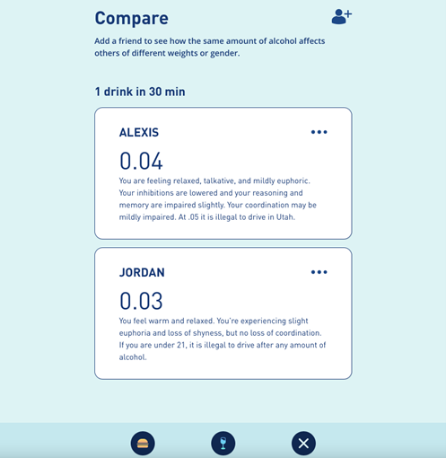 A screen shot from the Virtual Bar app shows a comparison between hypothetical alcohol consumers Alexis and Jordan, who have consumed the same amount of food and alcohol in the same amount of time but have different BACs due to other factors.]