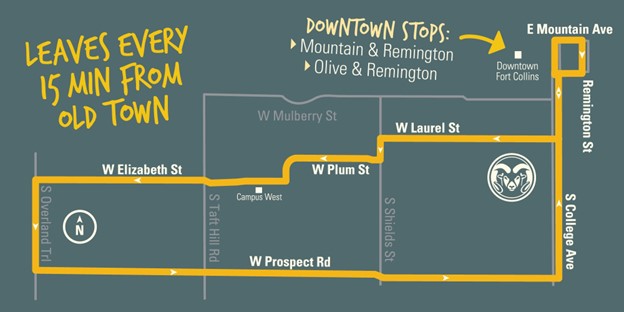 Bus map showing Transfort’s Gold Route in midtown Fort Collins, Colorado